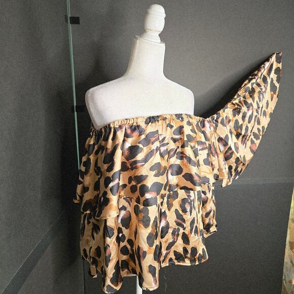 Boohoo Plus NWT Leopard print Bardot top one shoulder 20 brown tan black - Picture 12 of 17